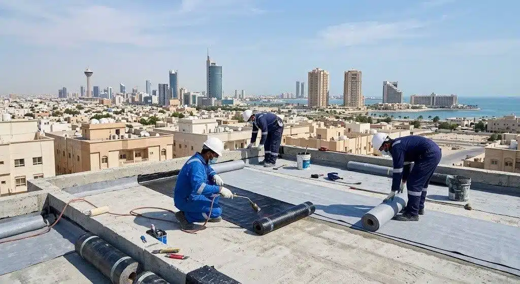 فريق شركة عزل اسطح بالدمام يرش عزل فوم على سطح فيلا